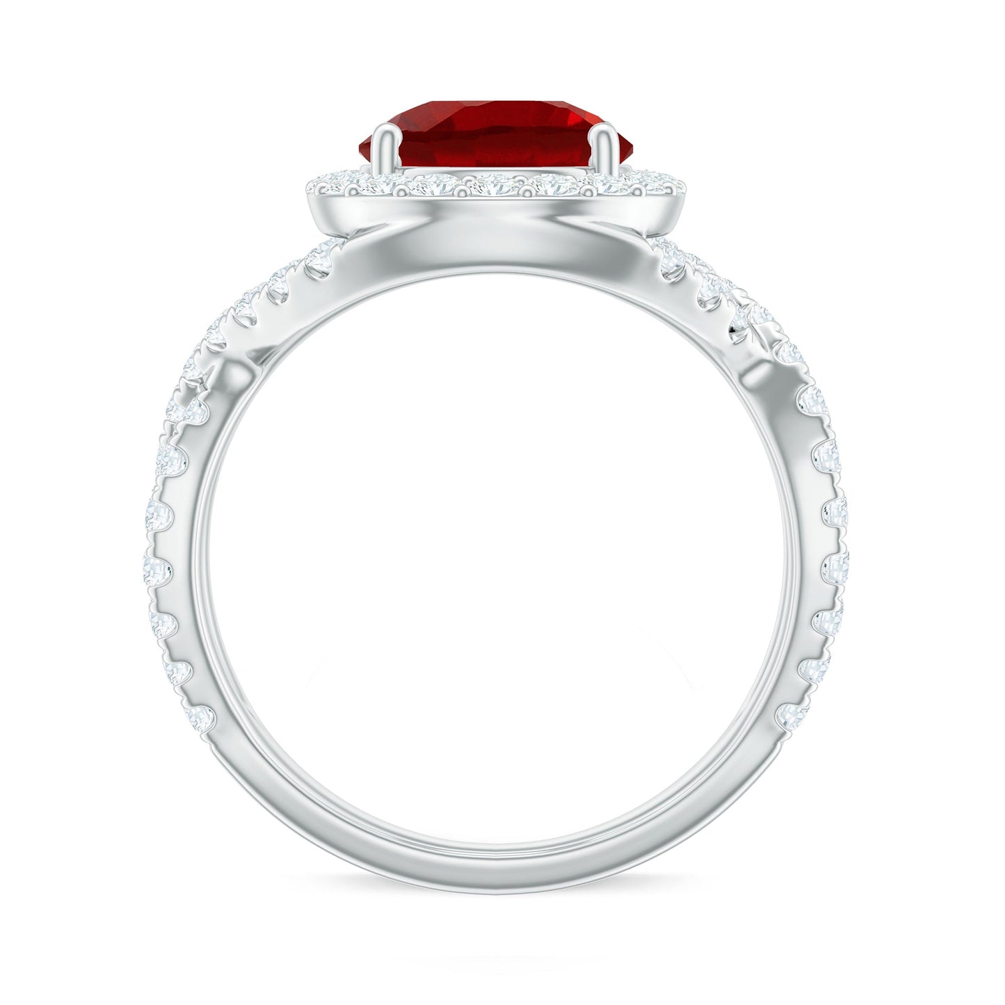 Lab Created Ruby Criss Cross Engagement Ring with Moissanite Halo