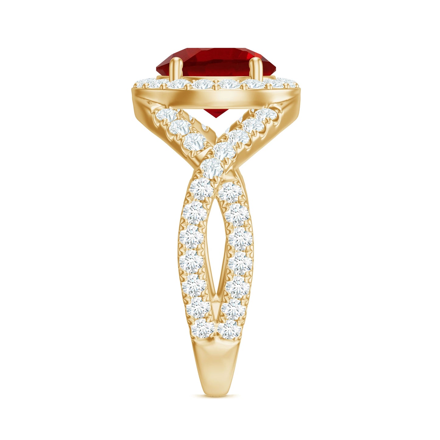 Lab Created Ruby Criss Cross Engagement Ring with Moissanite Halo