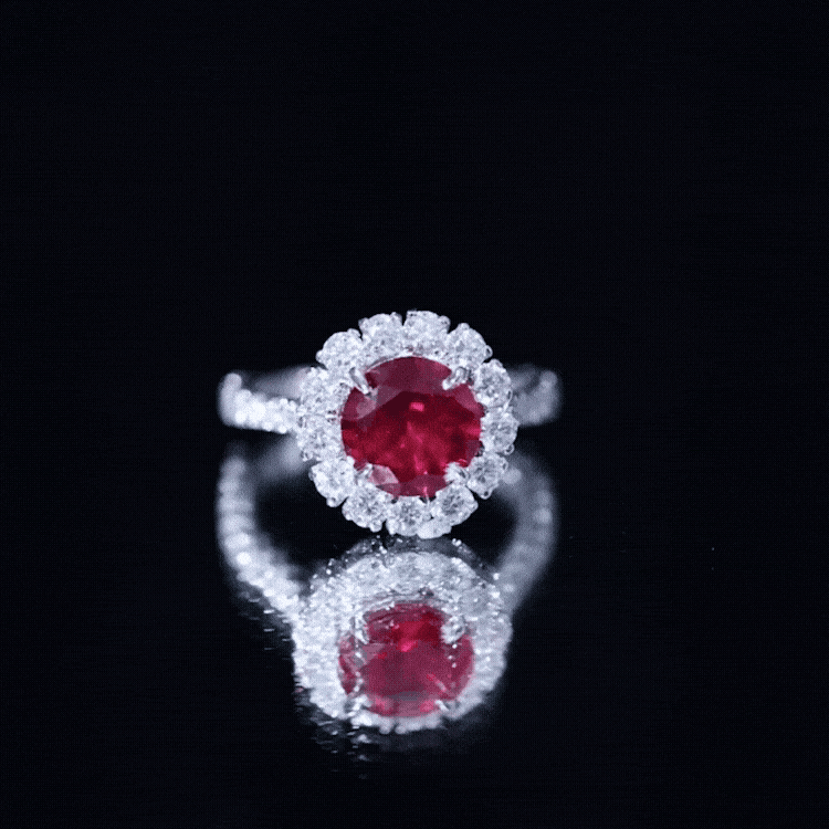 Round Lab Created Ruby and Moissanite Halo Engagement Ring