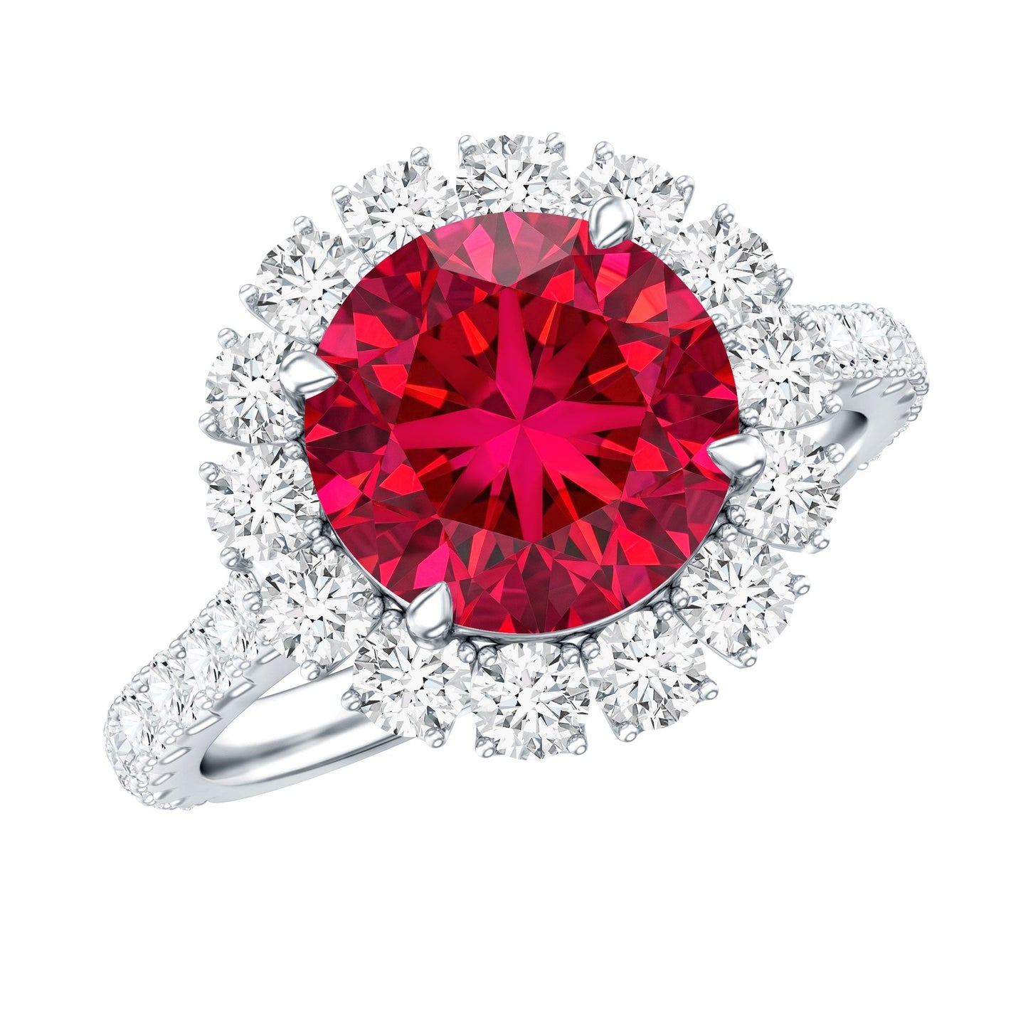 Round Lab Created Ruby and Moissanite Halo Engagement Ring