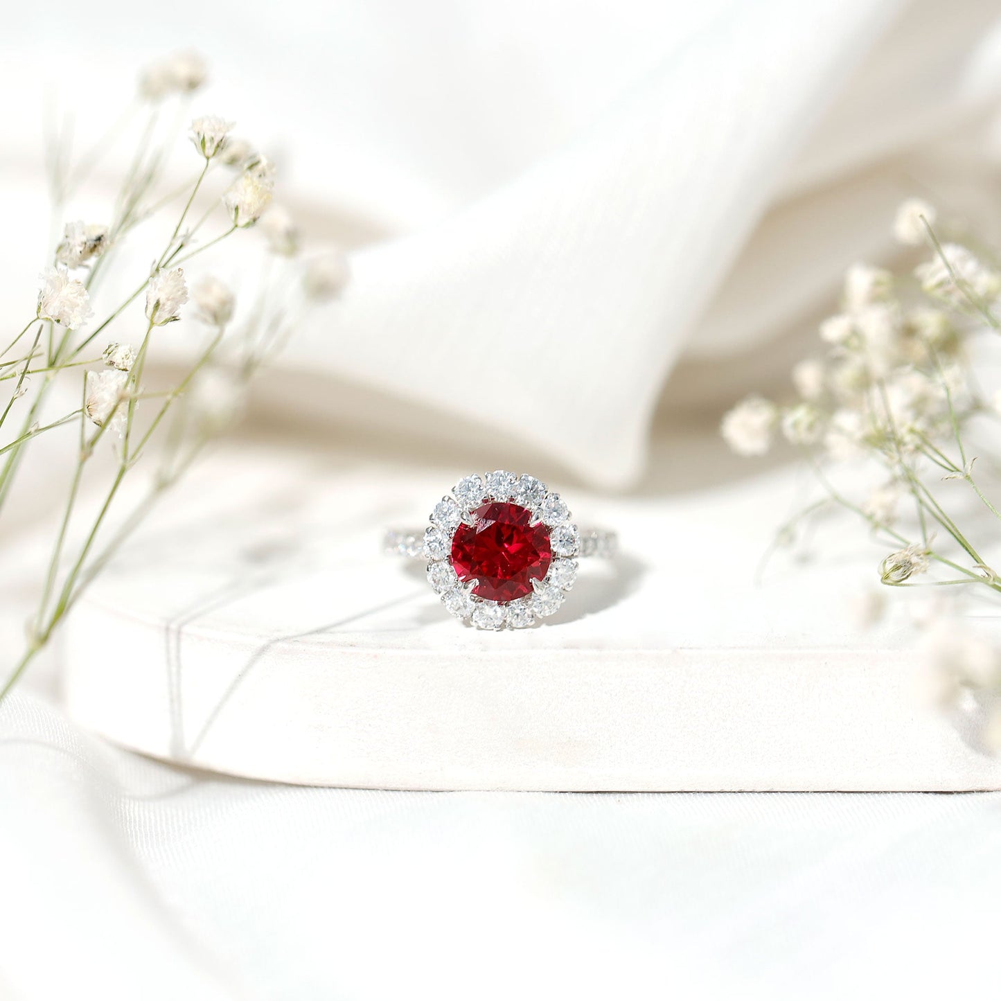 Round Lab Created Ruby and Moissanite Halo Engagement Ring