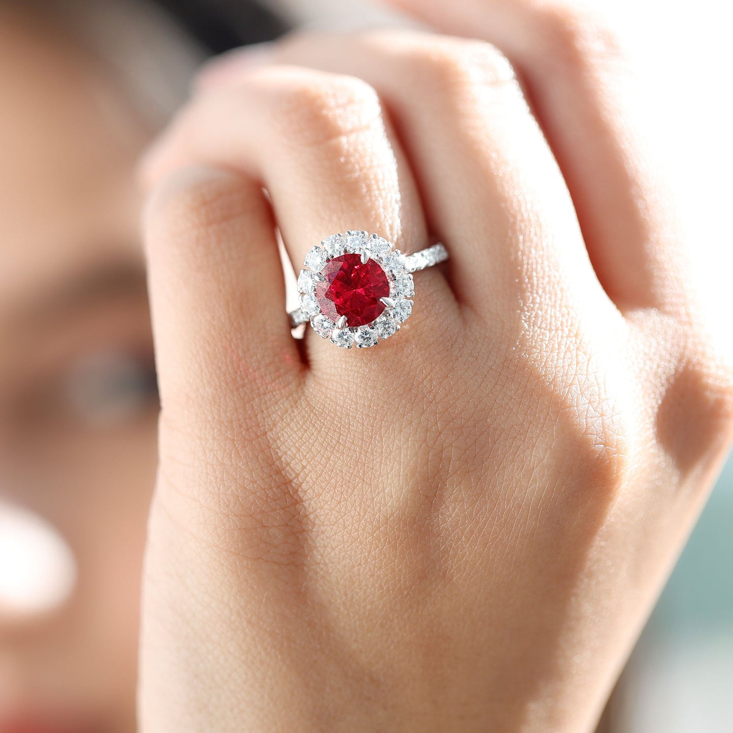 Round Lab Created Ruby and Moissanite Halo Engagement Ring