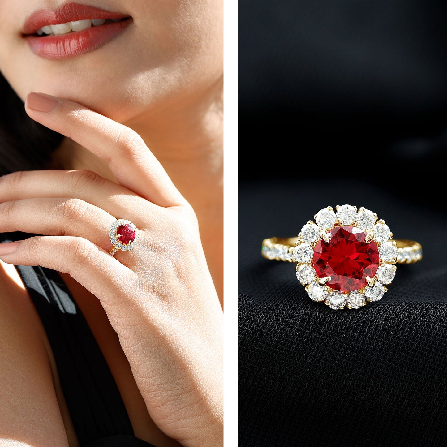 Round Lab Created Ruby and Moissanite Halo Engagement Ring