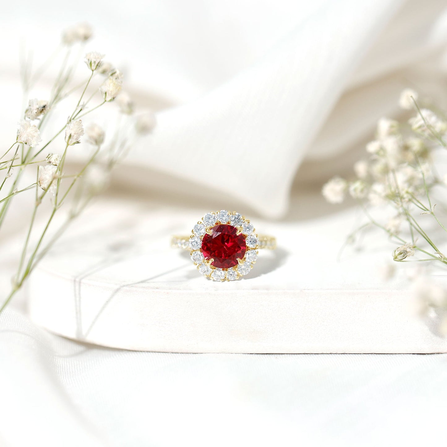 Round Lab Created Ruby and Moissanite Halo Engagement Ring