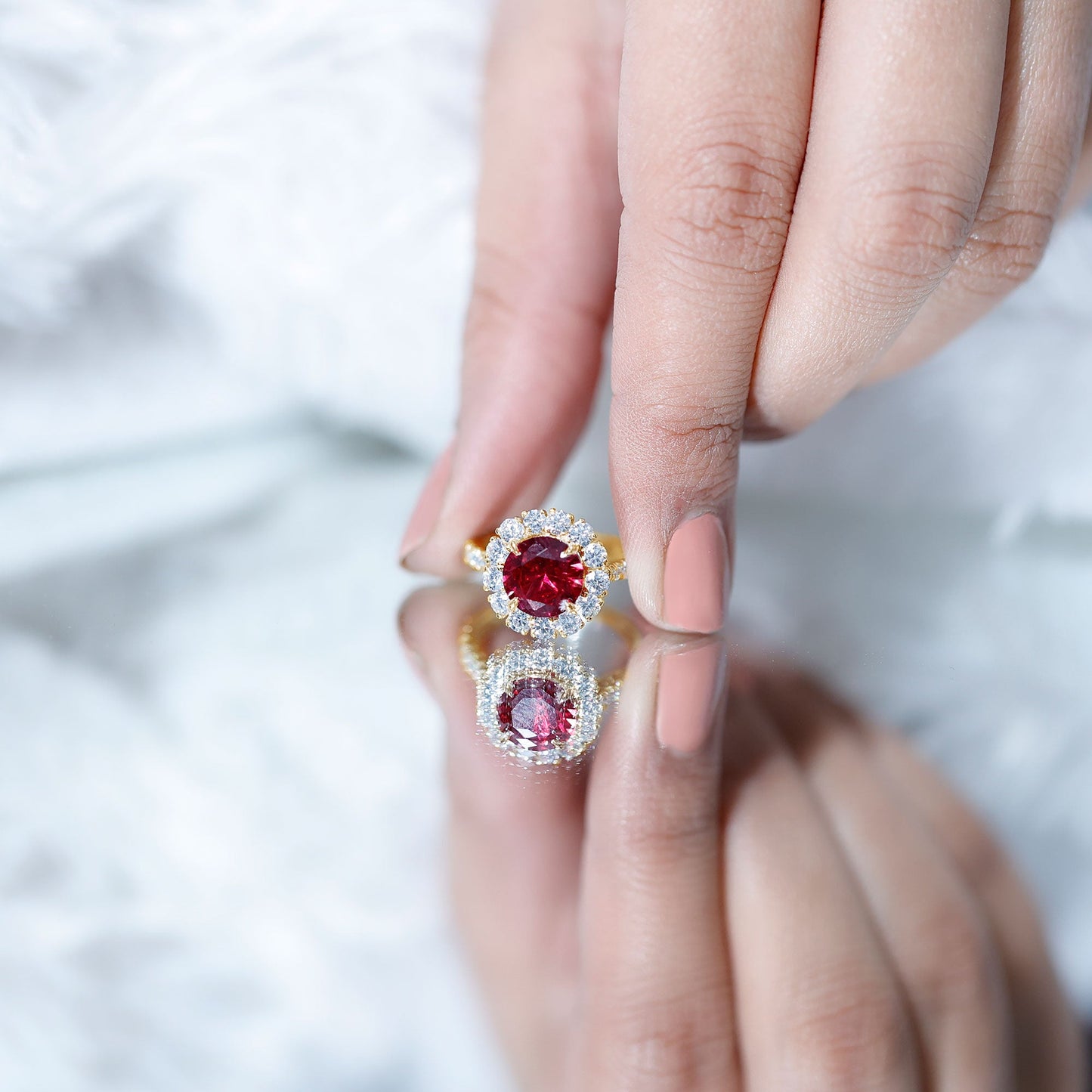 Round Lab Created Ruby and Moissanite Halo Engagement Ring