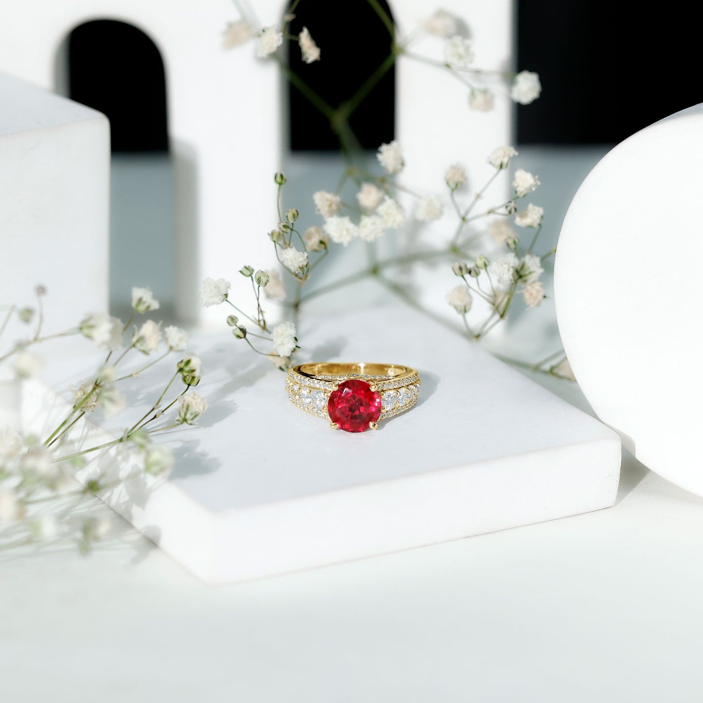Created Ruby Statement Engagement Ring with Moissanite Side Stones