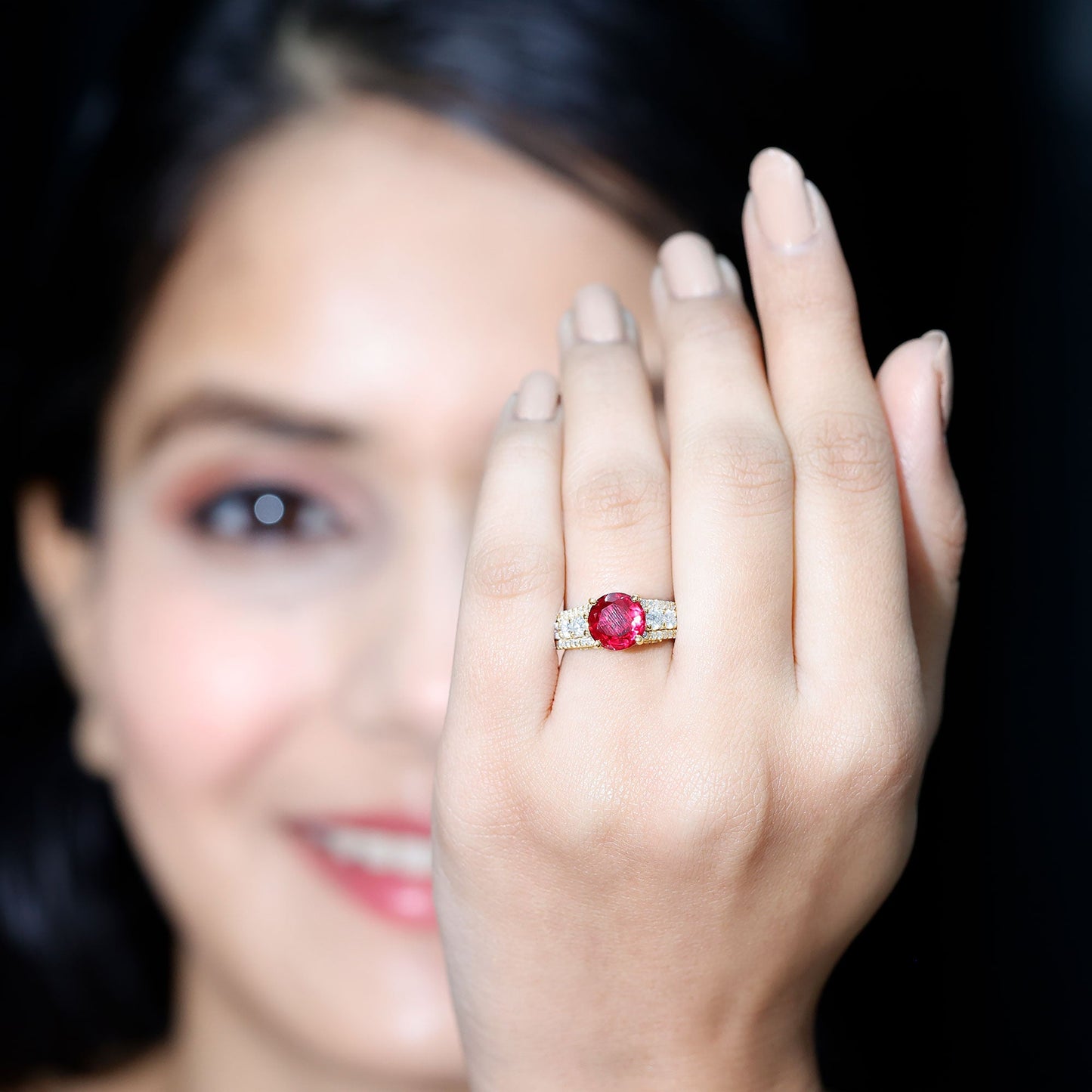 Created Ruby Statement Engagement Ring with Moissanite Side Stones