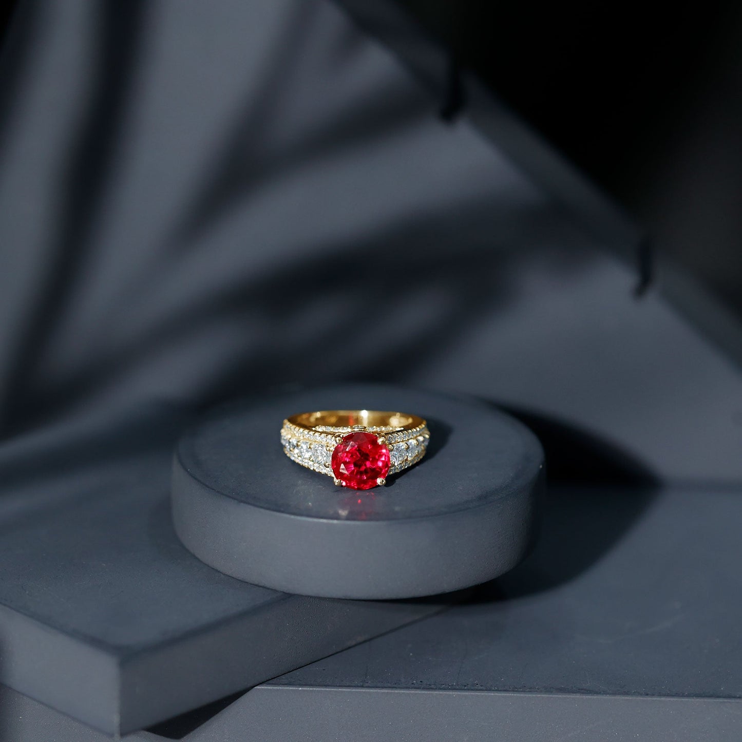 Created Ruby Statement Engagement Ring with Moissanite Side Stones