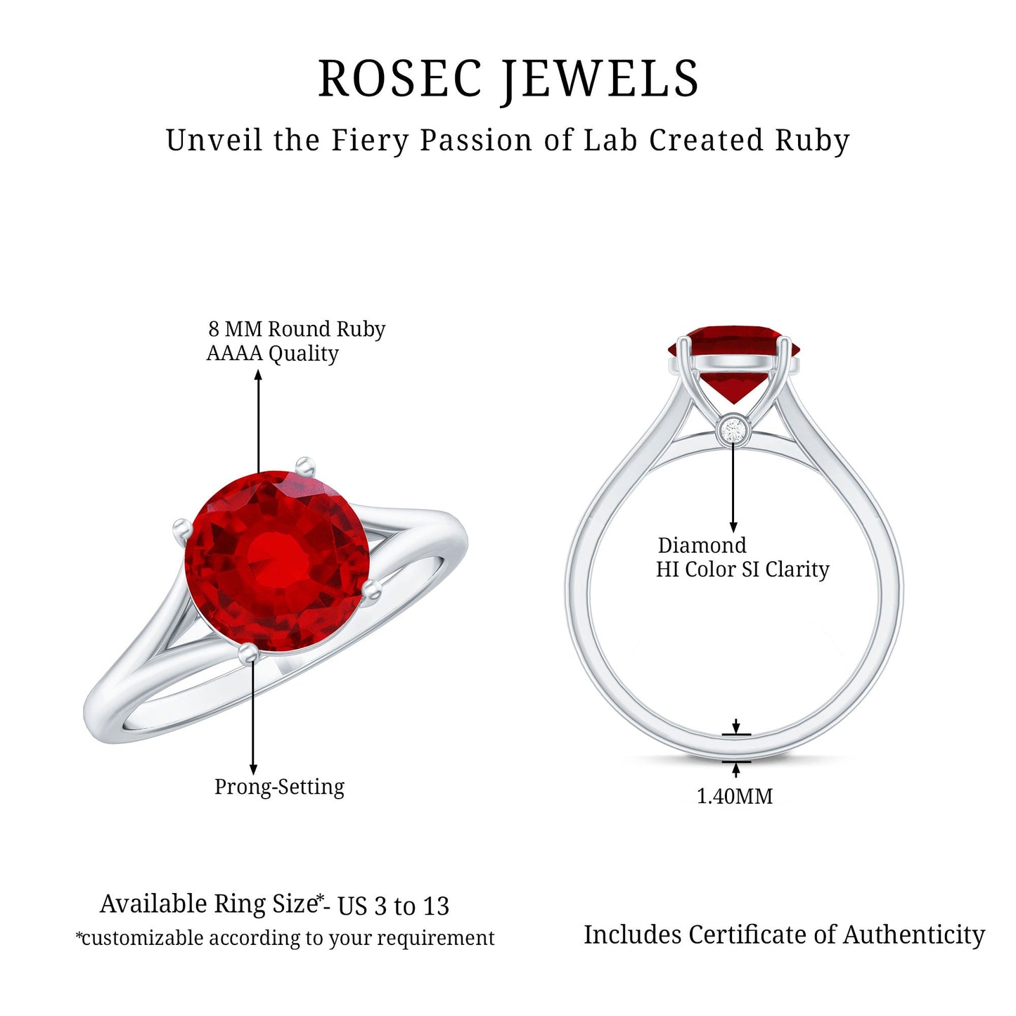 2.3 Carat Round Lab Grown Ruby Solitaire Engagement Ring in Split Shank