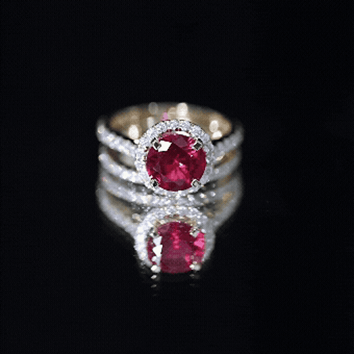 Lab Created Ruby Halo Wedding Ring Set with Moissanite