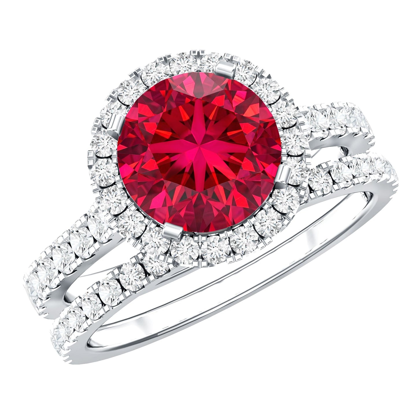 Lab Created Ruby Halo Wedding Ring Set with Moissanite