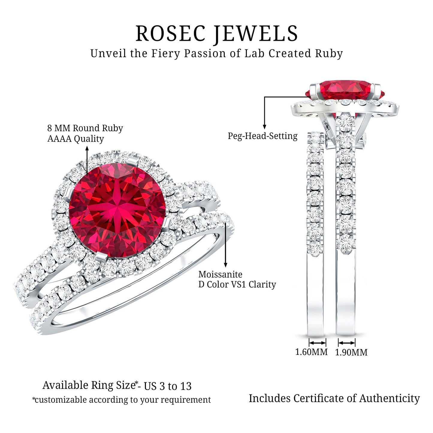Lab Created Ruby Halo Wedding Ring Set with Moissanite