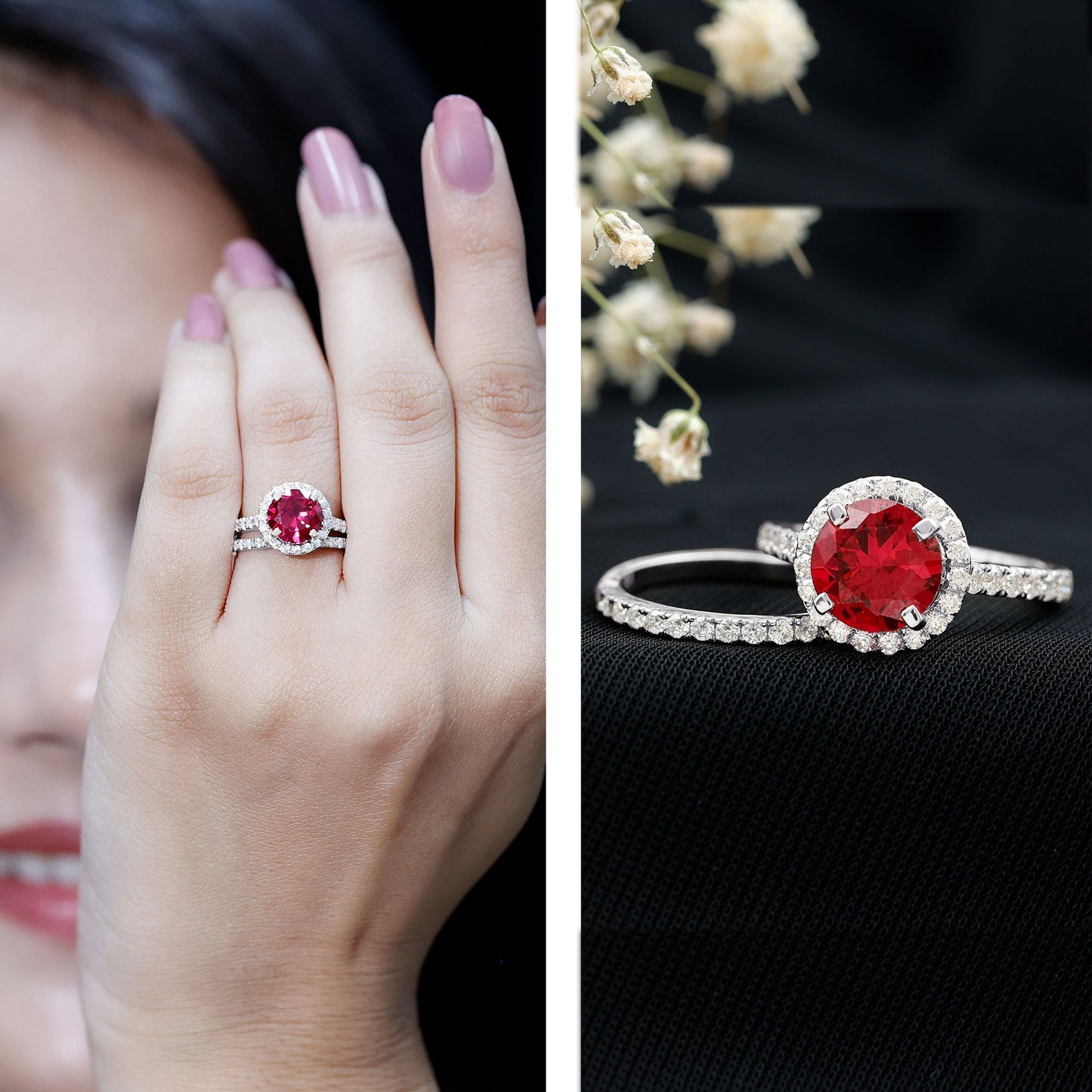 Lab Created Ruby Halo Wedding Ring Set with Moissanite