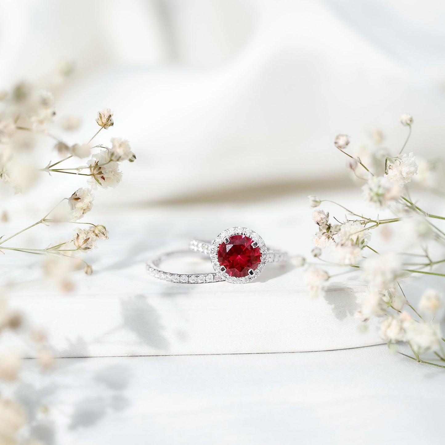 Lab Created Ruby Halo Wedding Ring Set with Moissanite