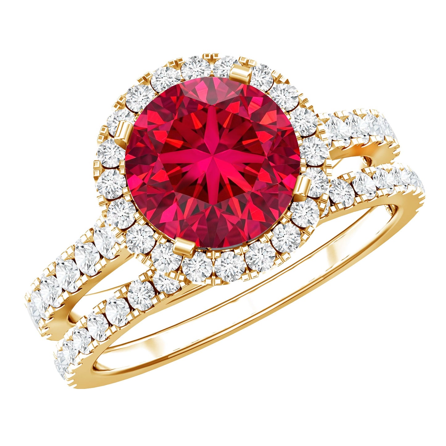 Lab Created Ruby Halo Wedding Ring Set with Moissanite
