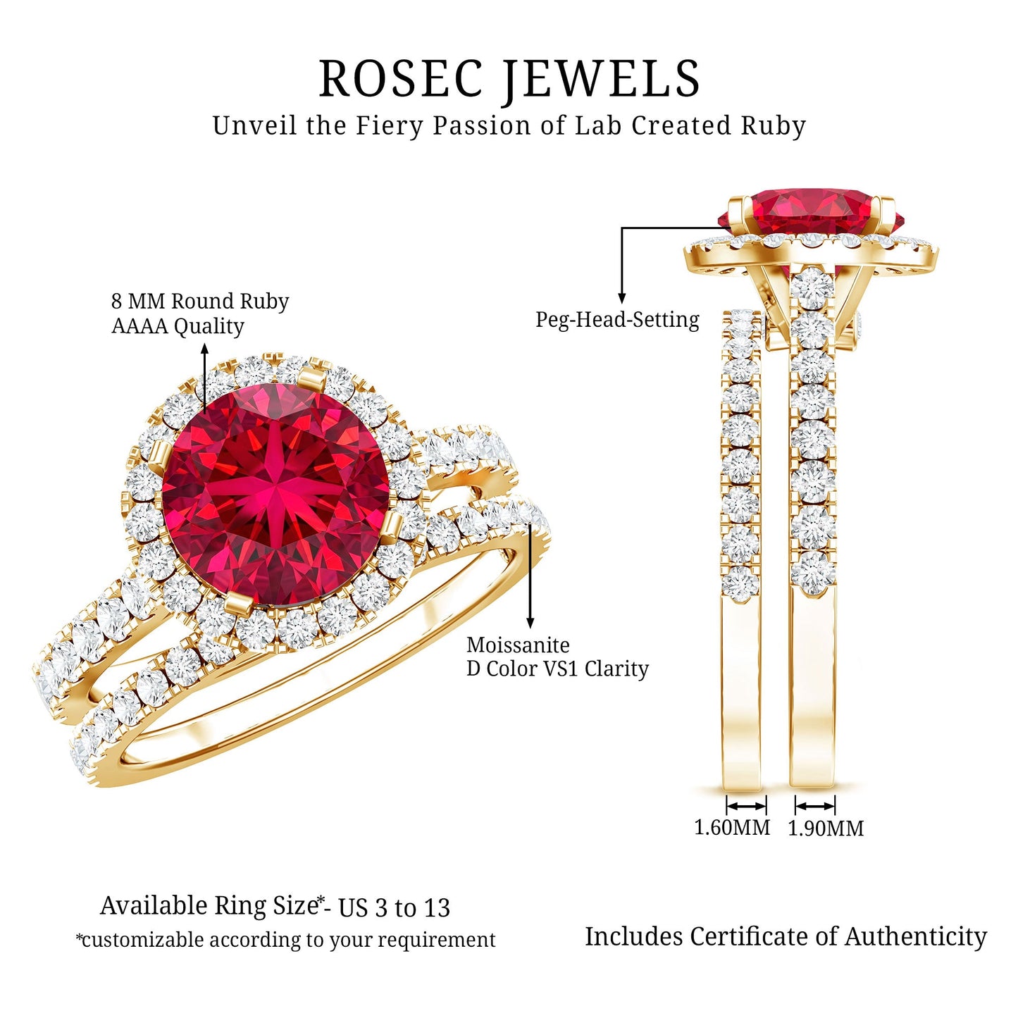 Lab Created Ruby Halo Wedding Ring Set with Moissanite
