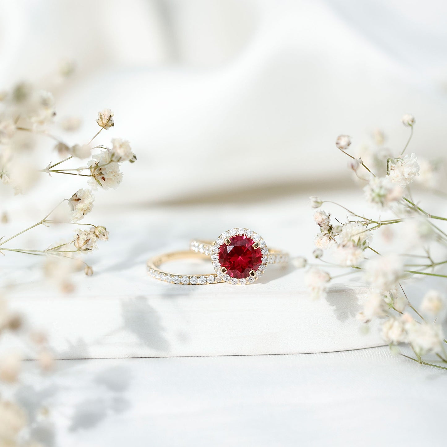 Lab Created Ruby Halo Wedding Ring Set with Moissanite