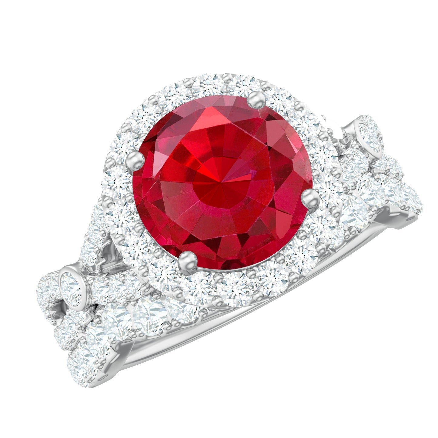 Round Cut Lab Created Ruby and Moissanite Bridal Ring Set