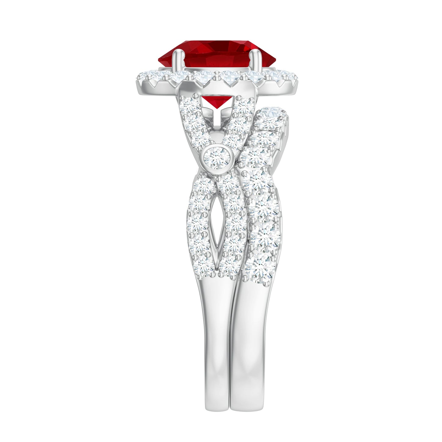 Round Cut Lab Created Ruby and Moissanite Bridal Ring Set