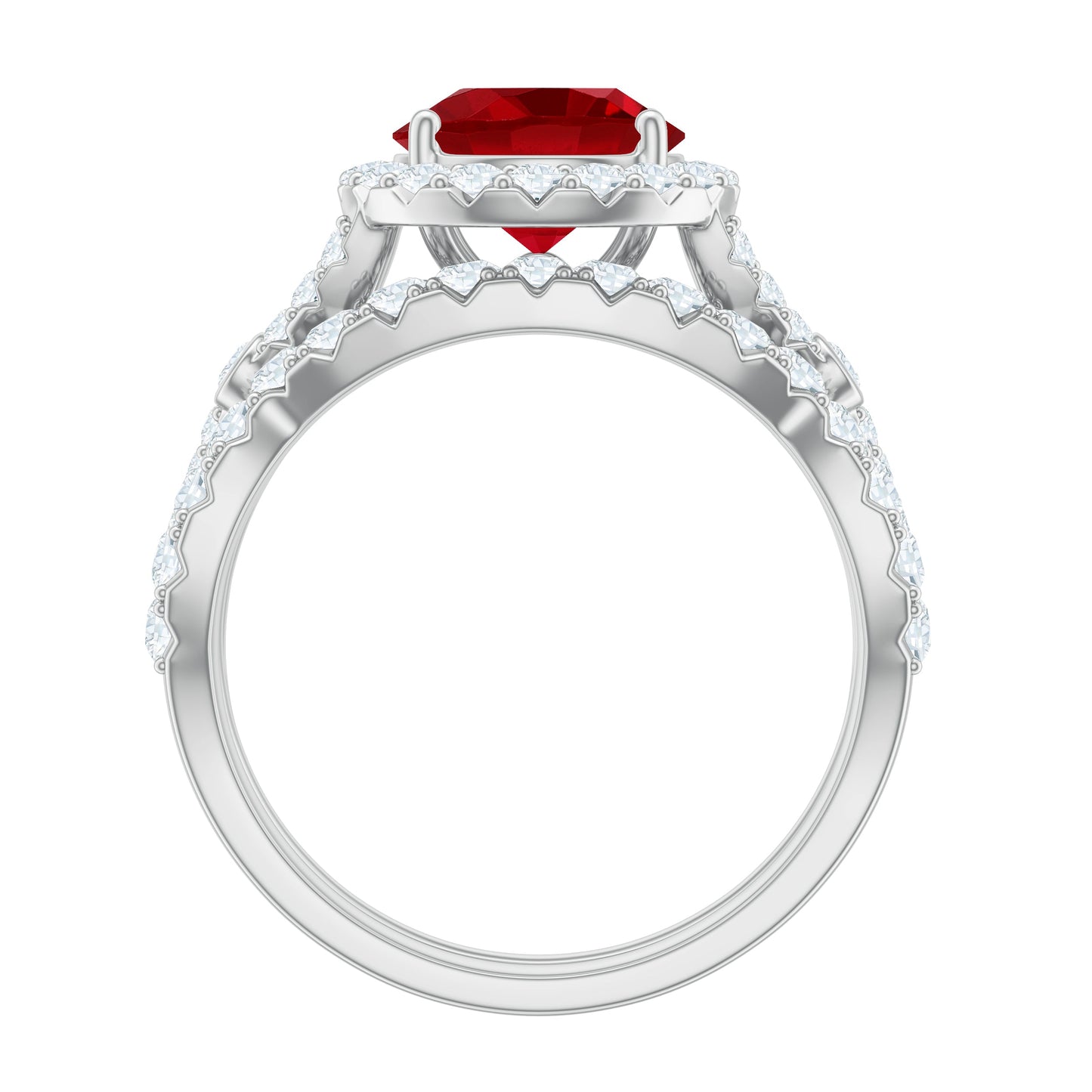 Round Cut Lab Created Ruby and Moissanite Bridal Ring Set