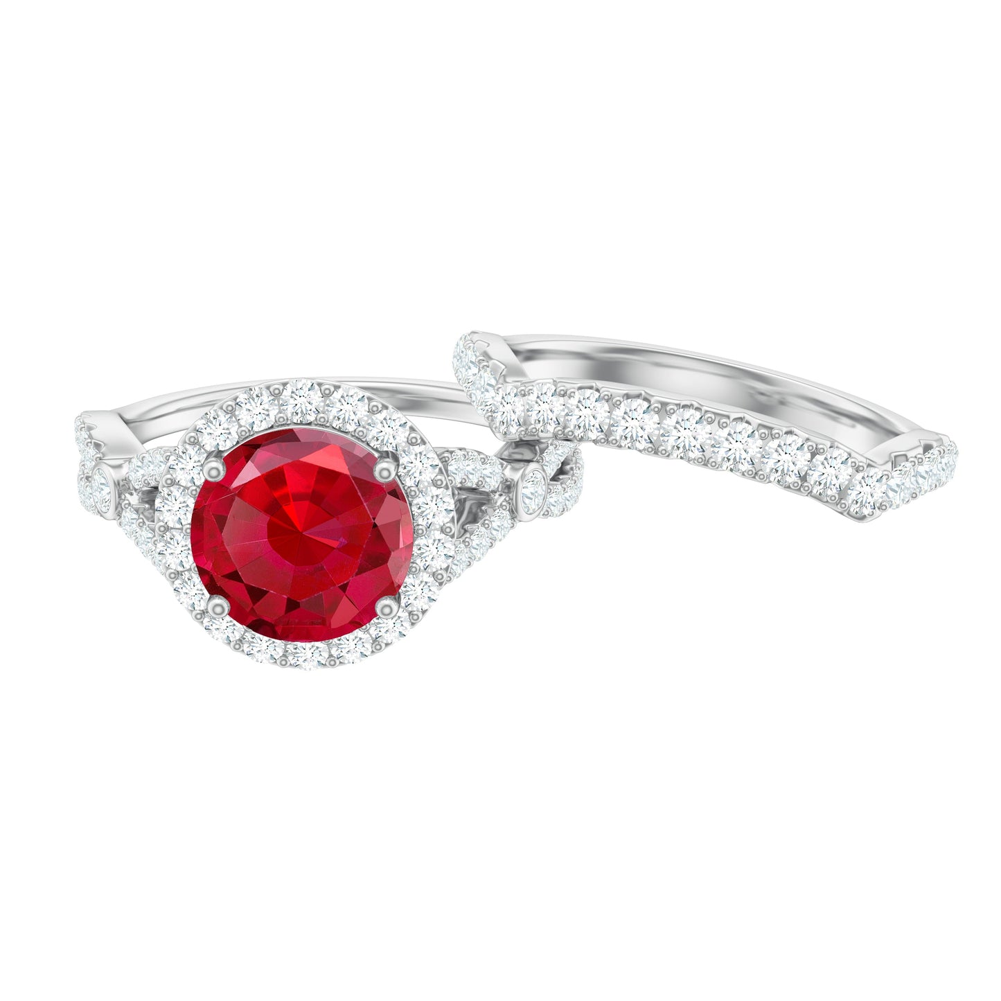 Round Cut Lab Created Ruby and Moissanite Bridal Ring Set