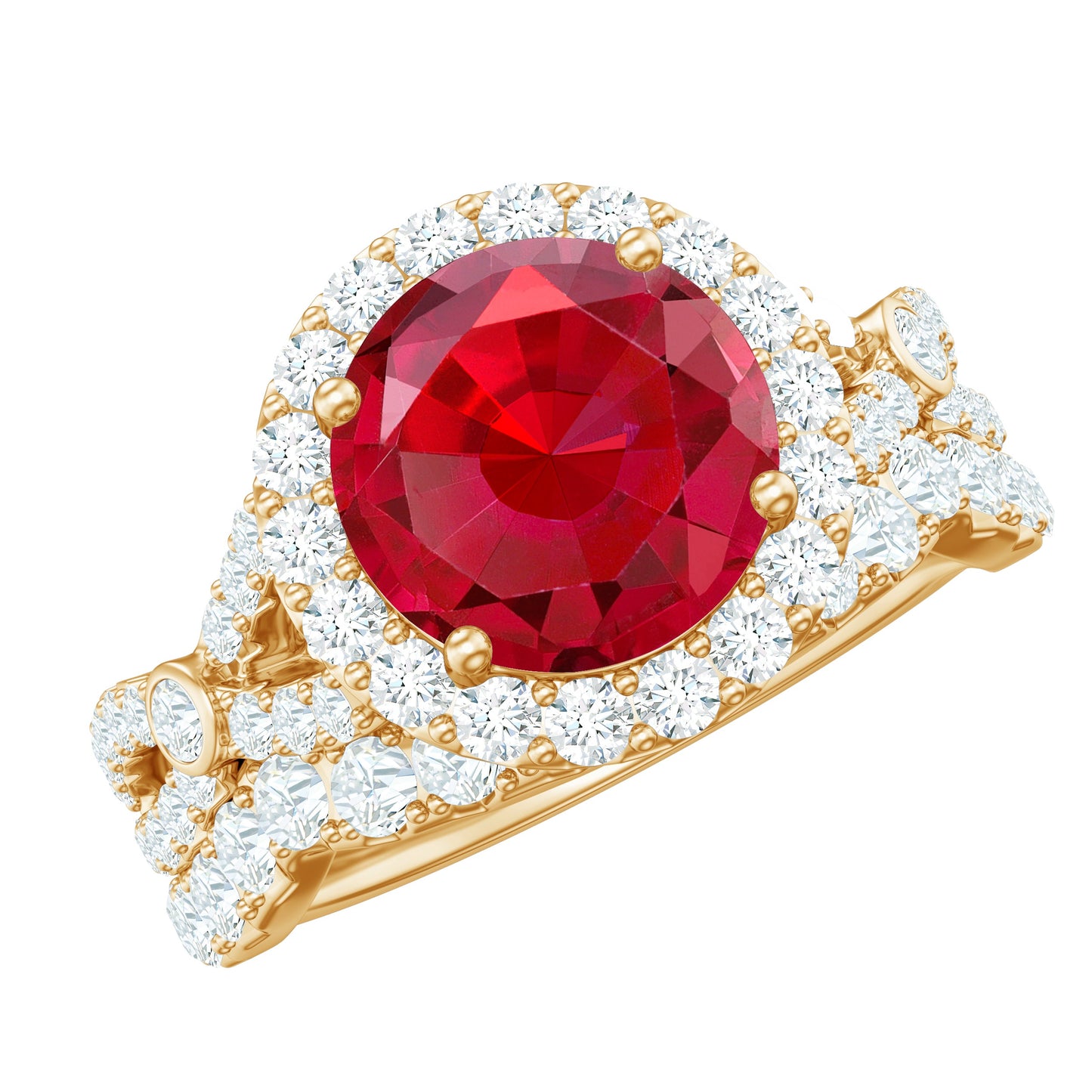 Round Cut Lab Created Ruby and Moissanite Bridal Ring Set