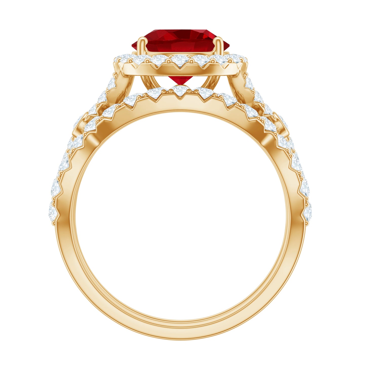 Round Cut Lab Created Ruby and Moissanite Bridal Ring Set