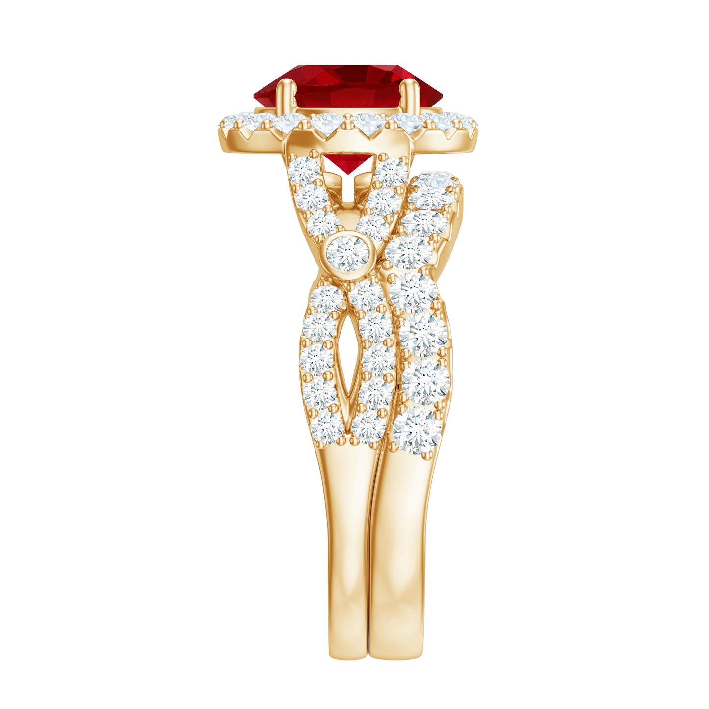 Round Cut Lab Created Ruby and Moissanite Bridal Ring Set