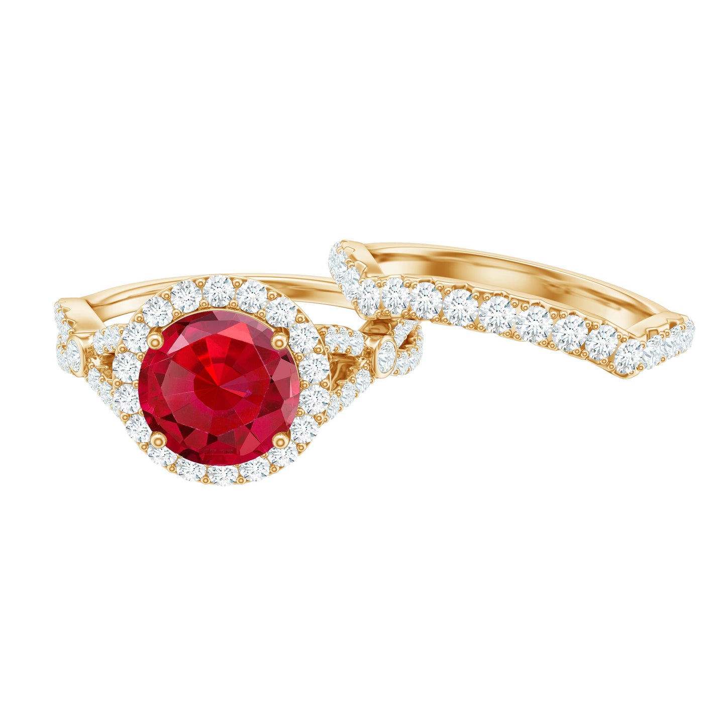 Round Cut Lab Created Ruby and Moissanite Bridal Ring Set