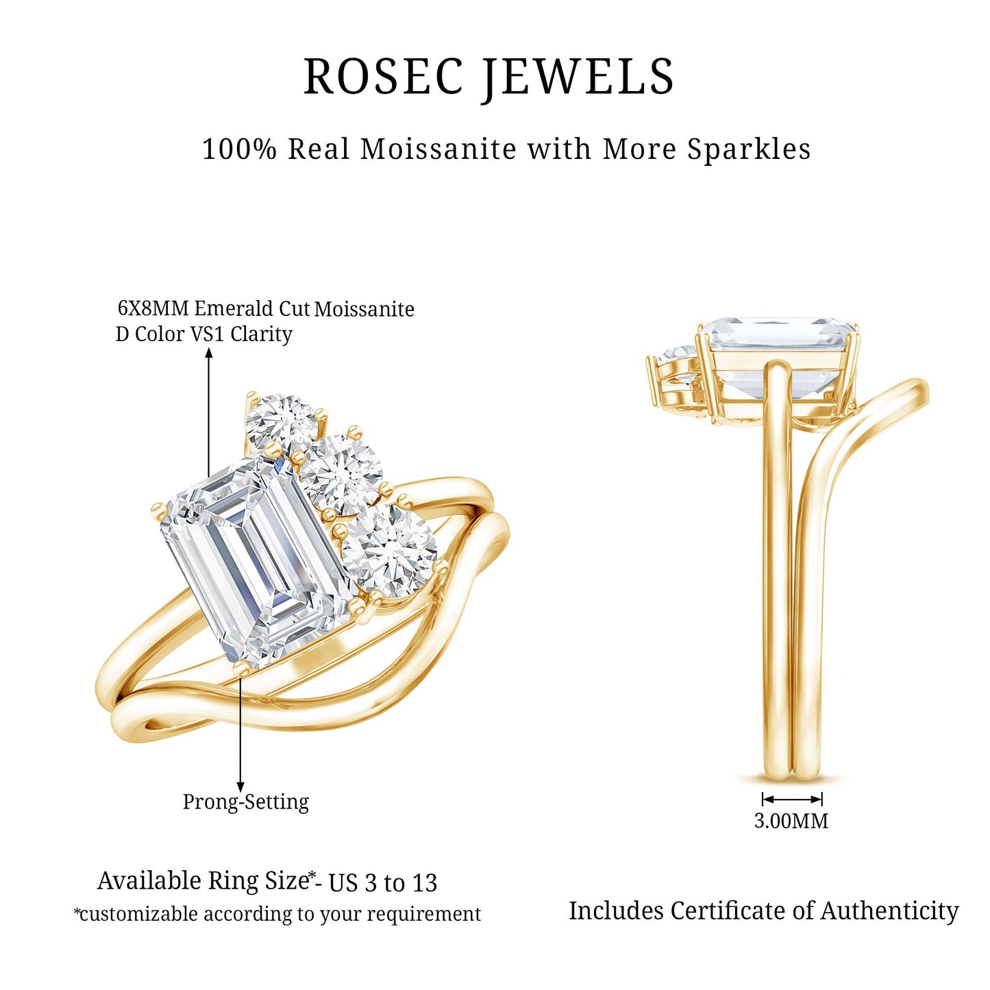 Emerald Cut Moissanite Engagement Ring with Enhancer