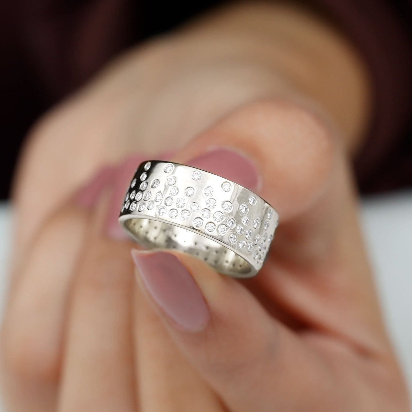 Certified Moissanite Wide Wedding Band in Flush Setting