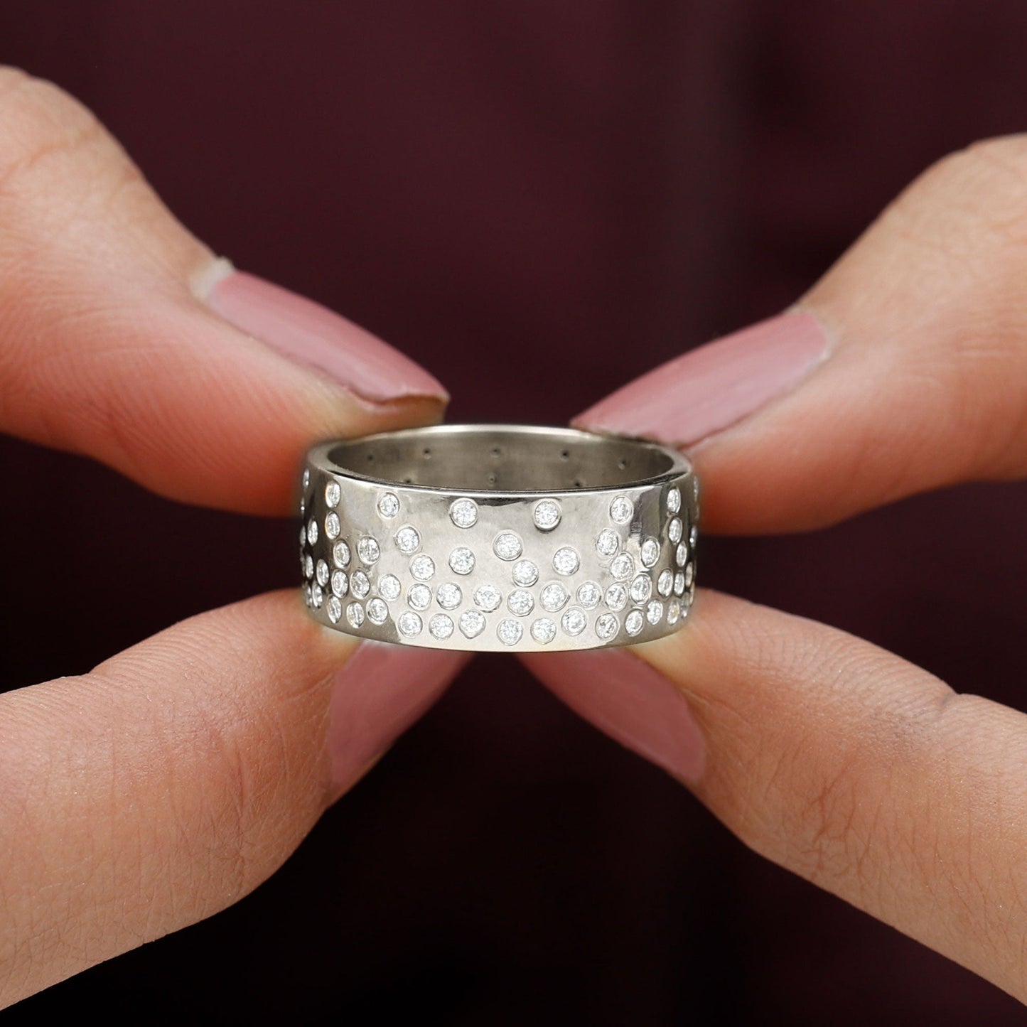 Certified Moissanite Wide Wedding Band in Flush Setting