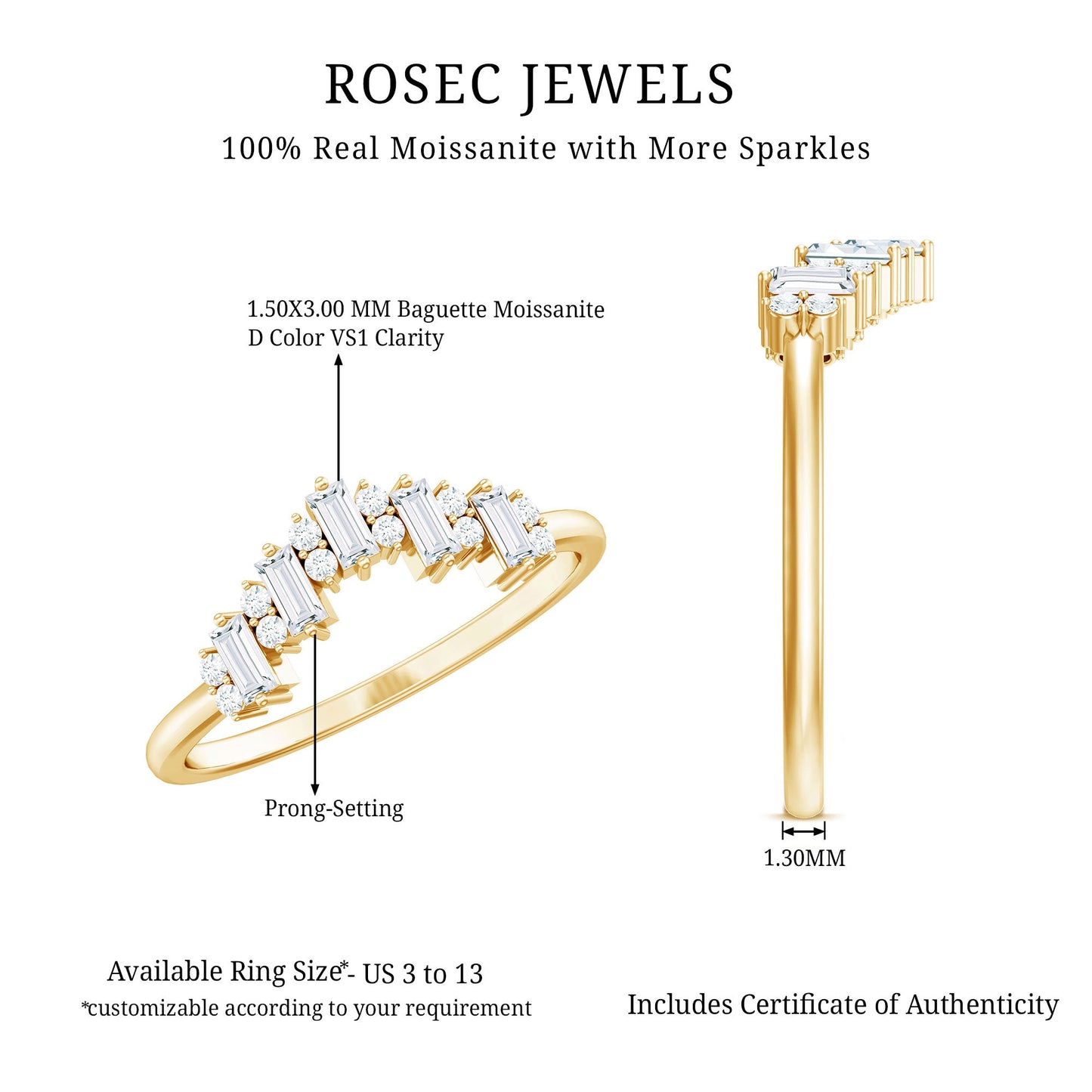 Baguette and Round Cut Moissanite Chevron Stackable Ring