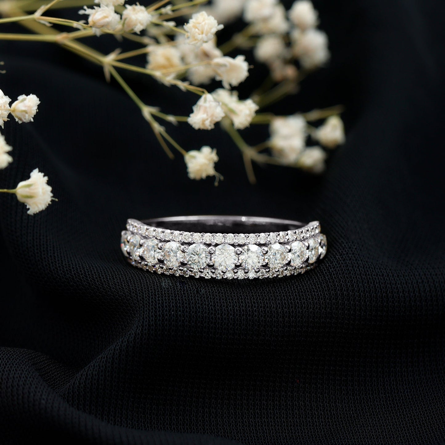 Round Shape Moissanite Half Eternity Wedding Band