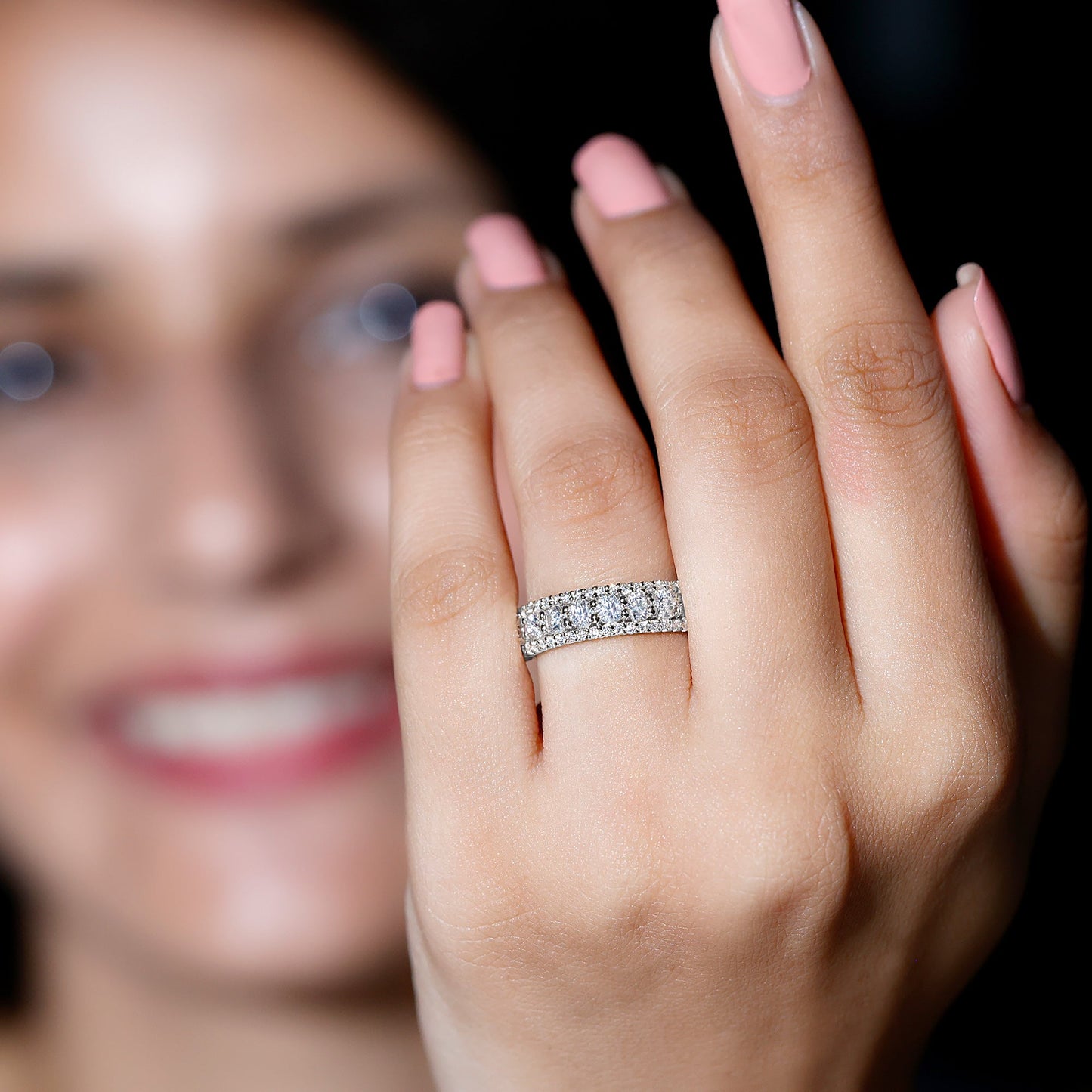 Round Shape Moissanite Half Eternity Wedding Band