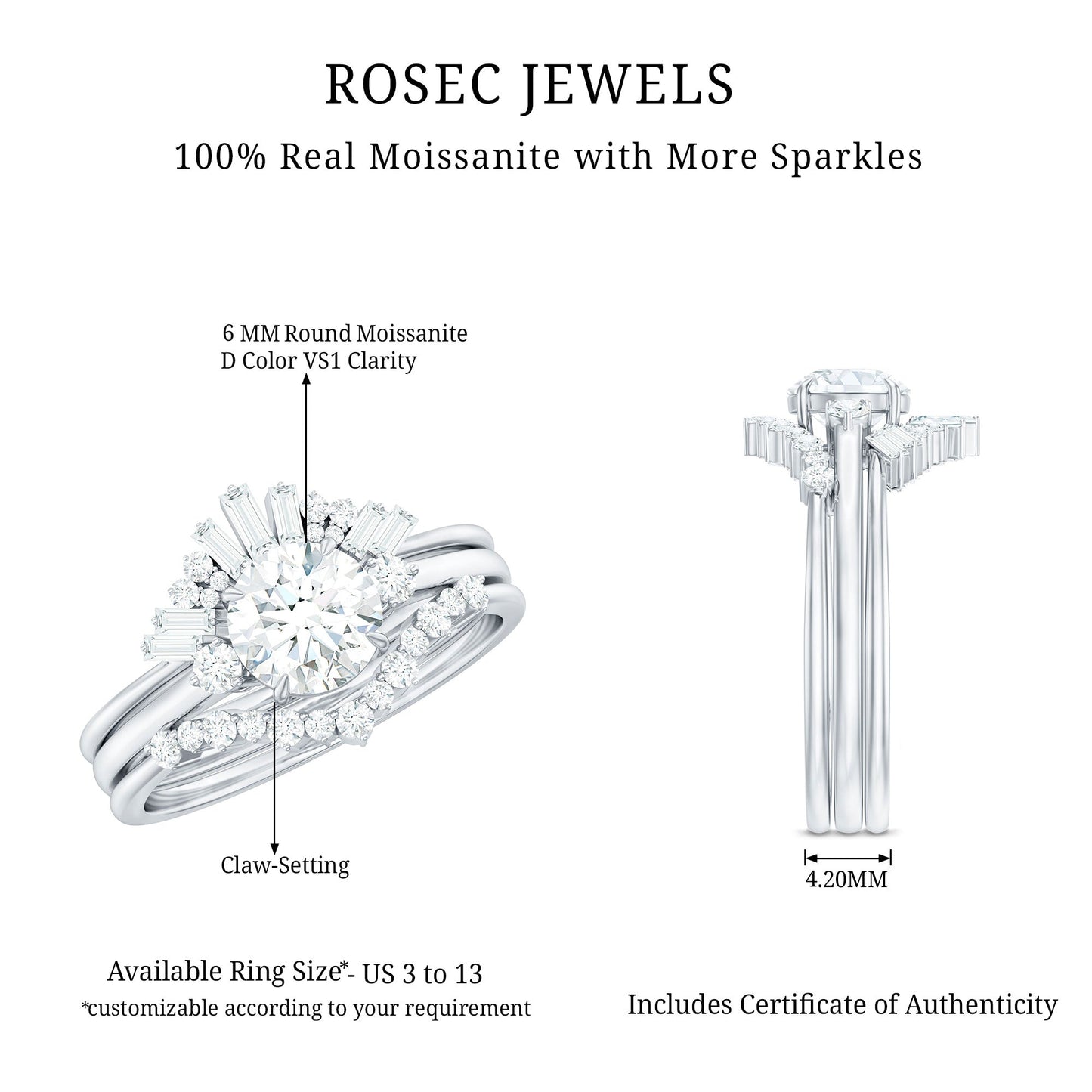 0.9 Carat Vintage Inspired Moissanite 3 Piece Wedding Ring Sets