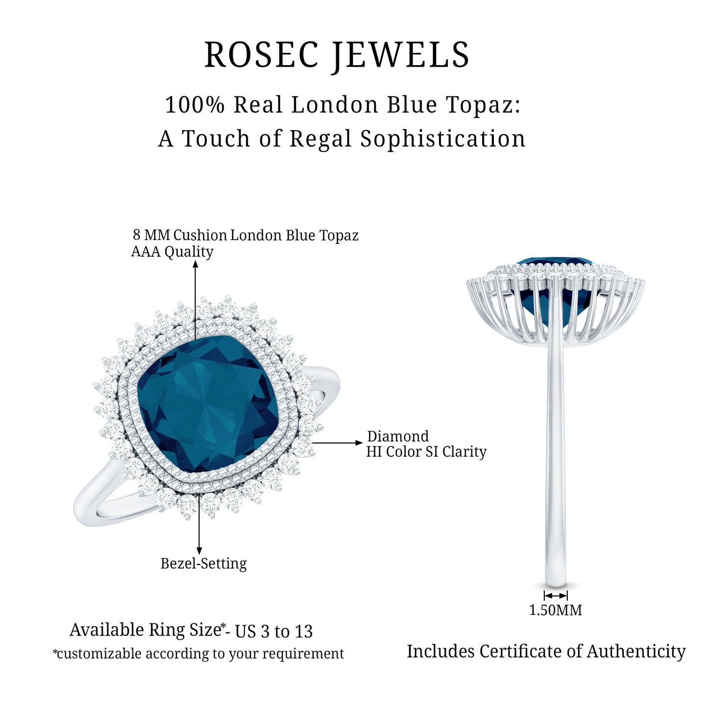 Cushion Cut Blue Topaz Statement Engagement Ring with Diamond Halo
