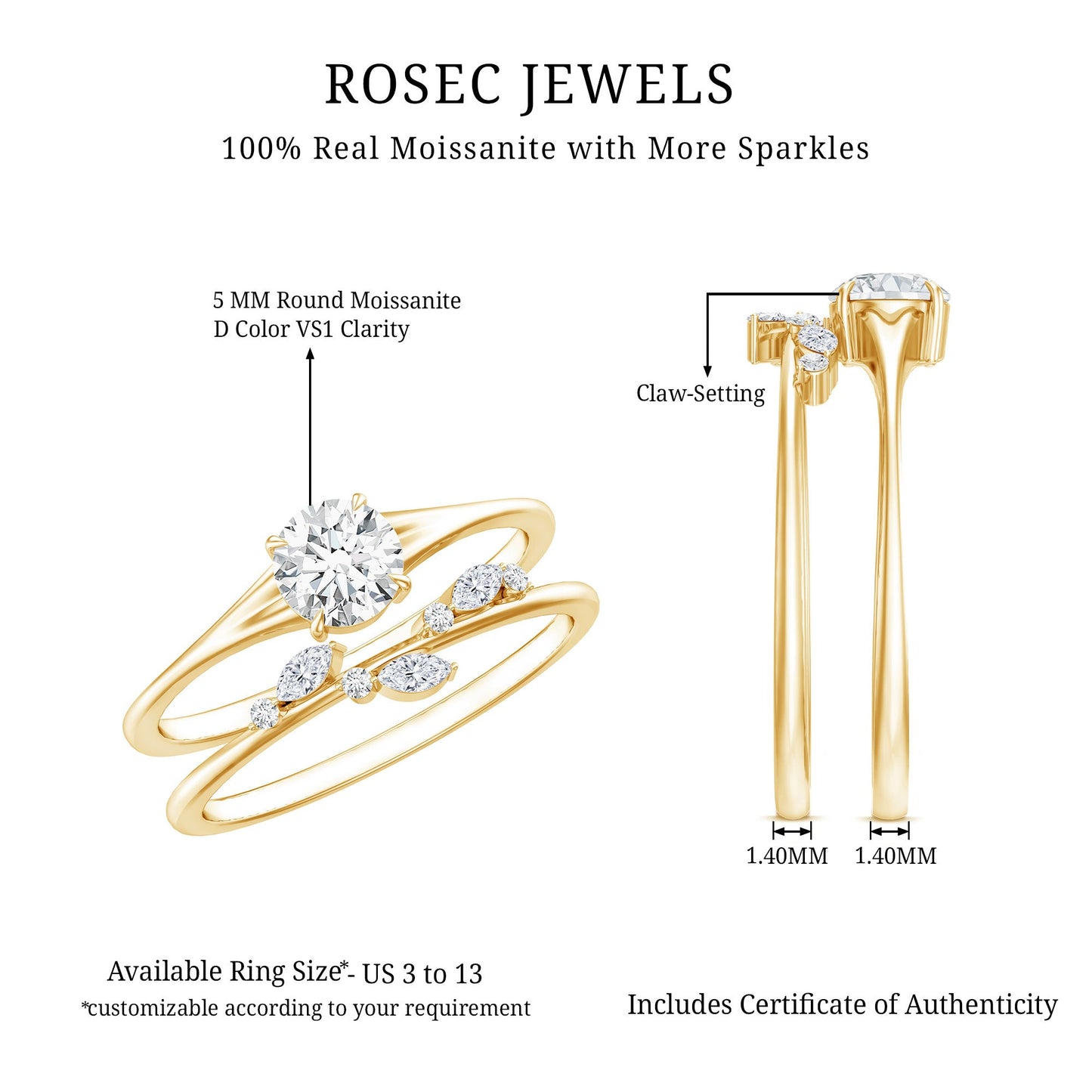 Certified Round Moissanite Modern Wedding Ring Set