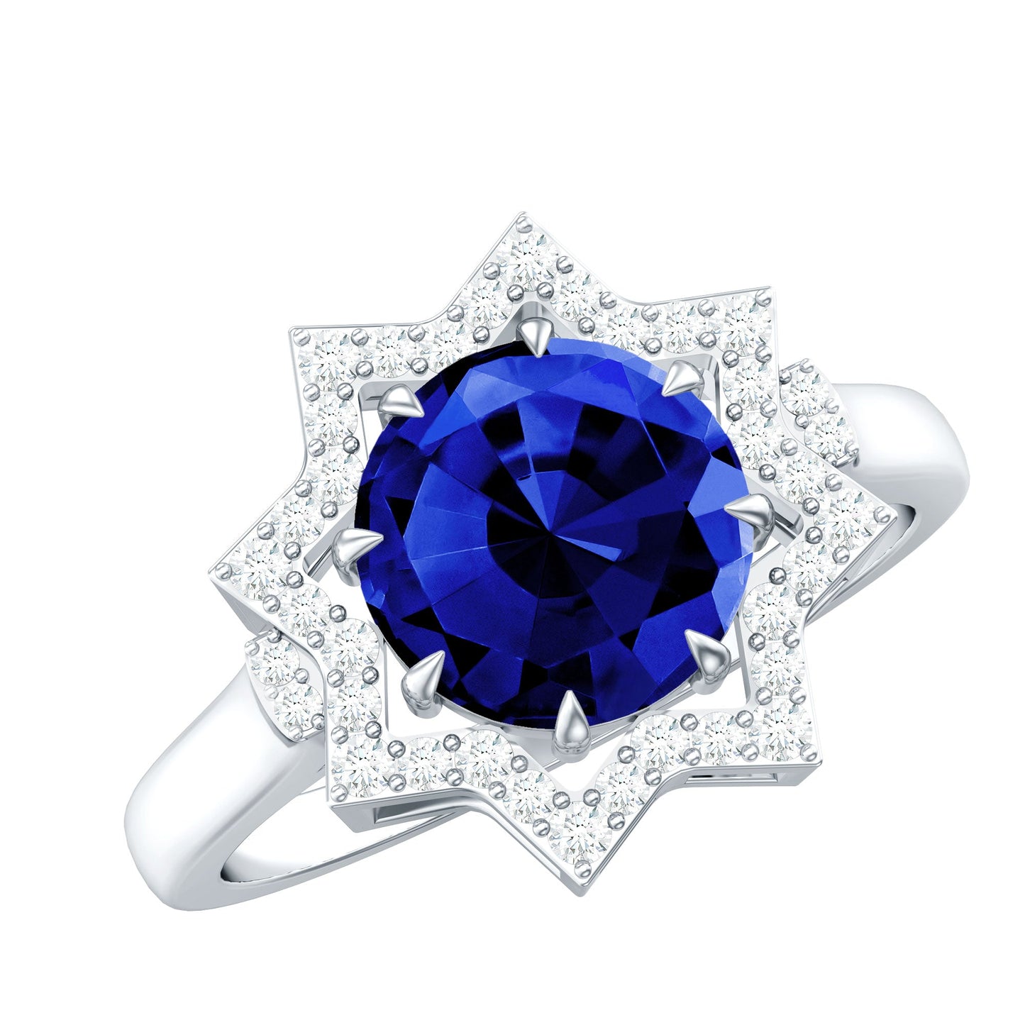 Certified 2.7 Carat Lab Grown Blue Sapphire Engagement Ring with Diamond Star Halo