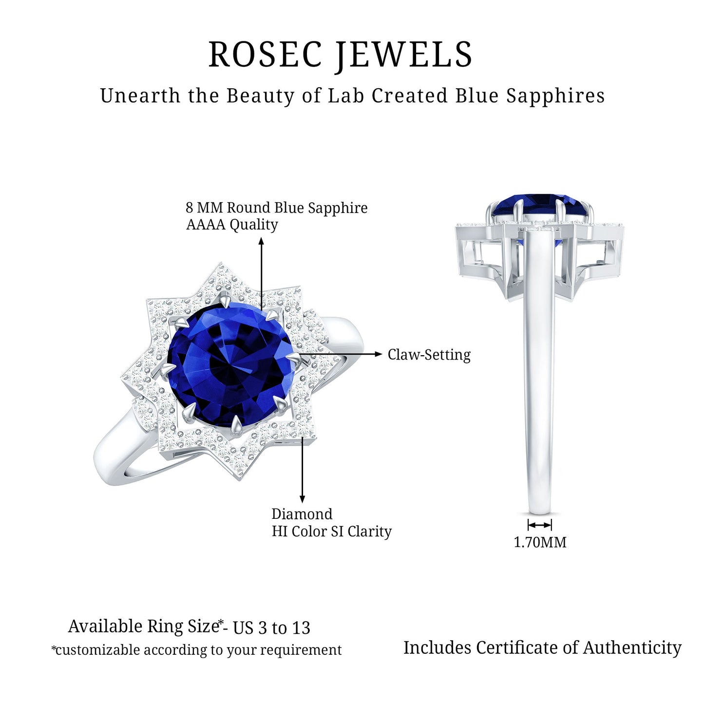 Certified 2.7 Carat Lab Grown Blue Sapphire Engagement Ring with Diamond Star Halo