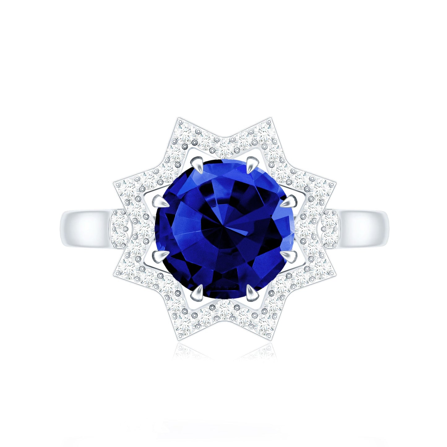Certified 2.7 Carat Lab Grown Blue Sapphire Engagement Ring with Diamond Star Halo