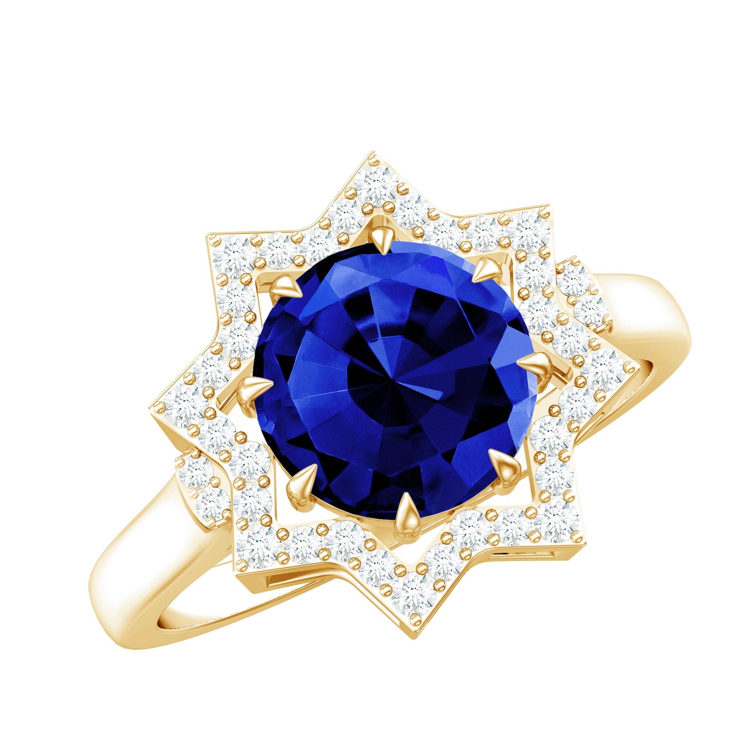Certified 2.7 Carat Lab Grown Blue Sapphire Engagement Ring with Diamond Star Halo