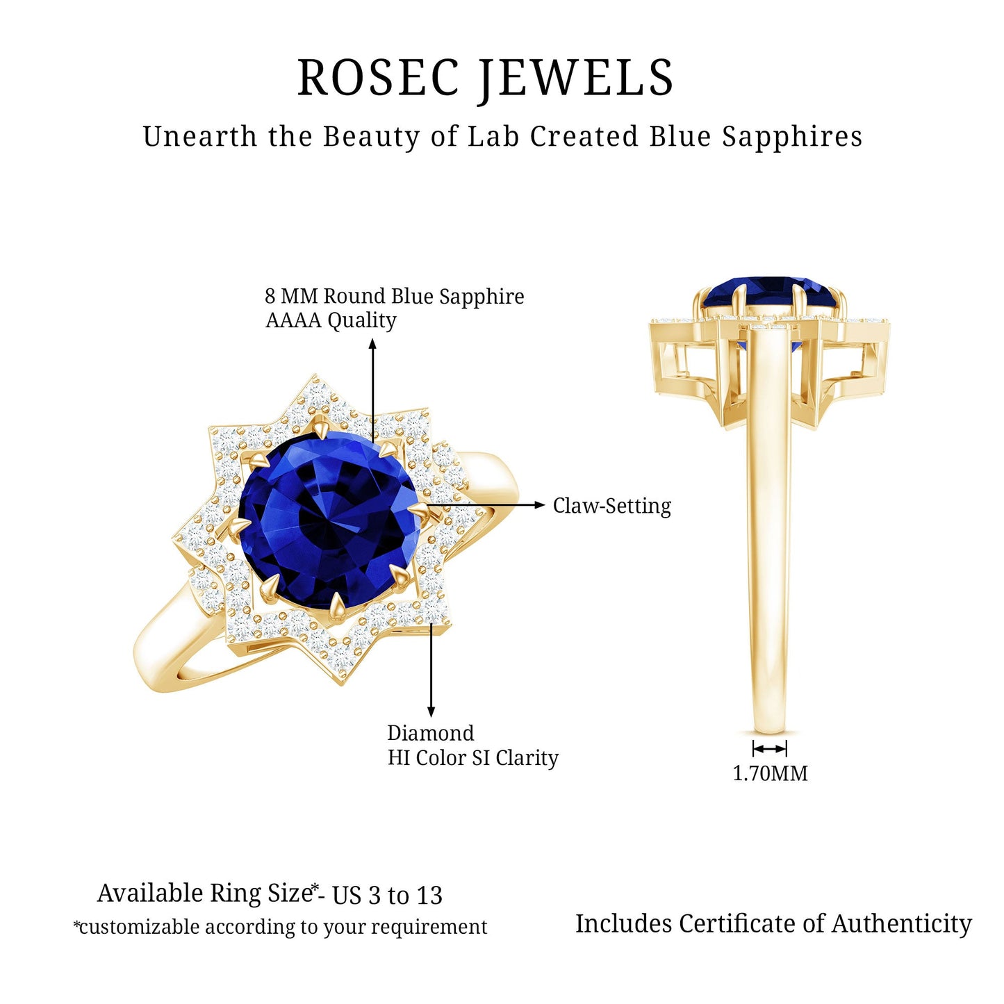 Certified 2.7 Carat Lab Grown Blue Sapphire Engagement Ring with Diamond Star Halo
