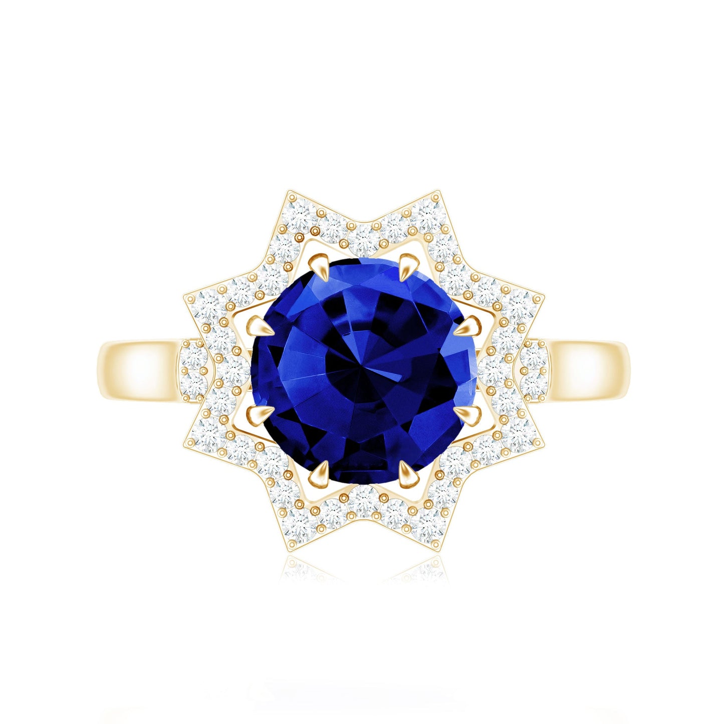 Certified 2.7 Carat Lab Grown Blue Sapphire Engagement Ring with Diamond Star Halo