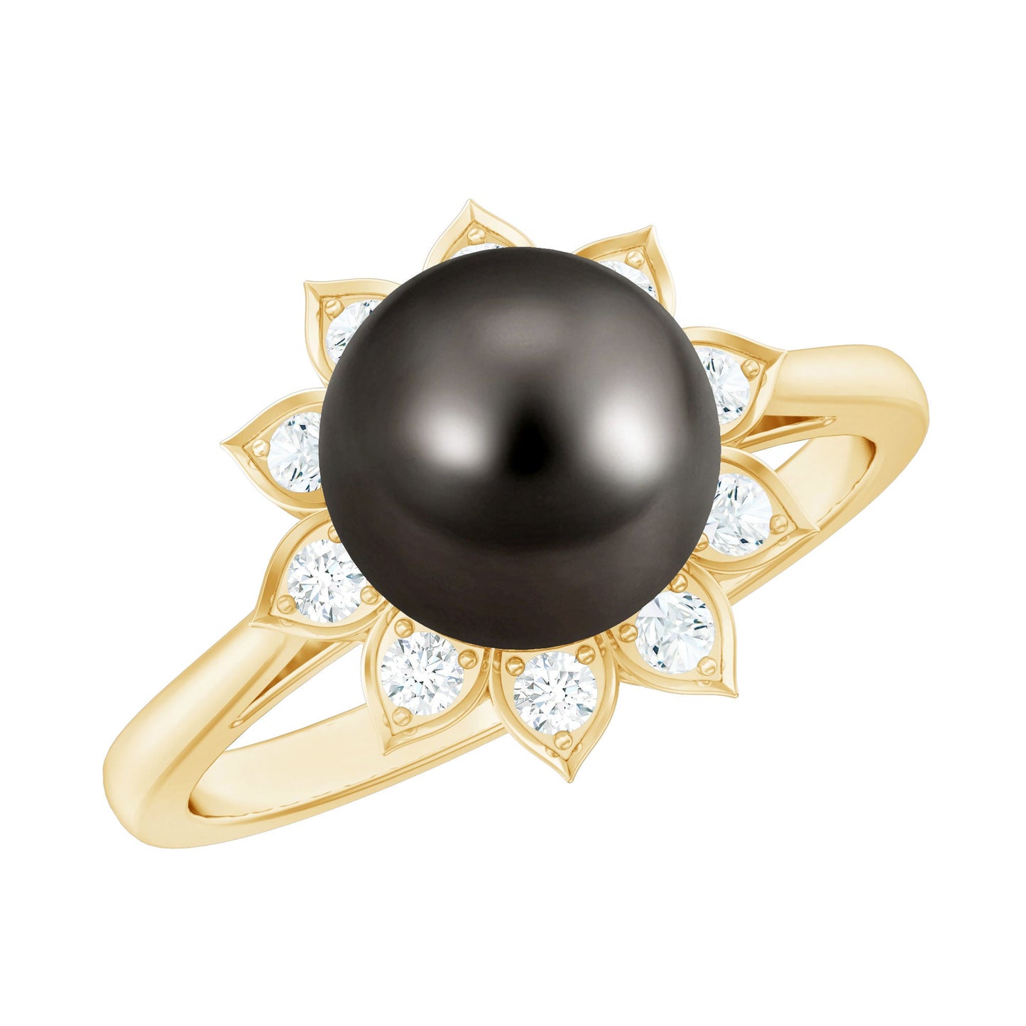 Tahitian Black Pearl Engagement Ring with Diamond Floral Halo