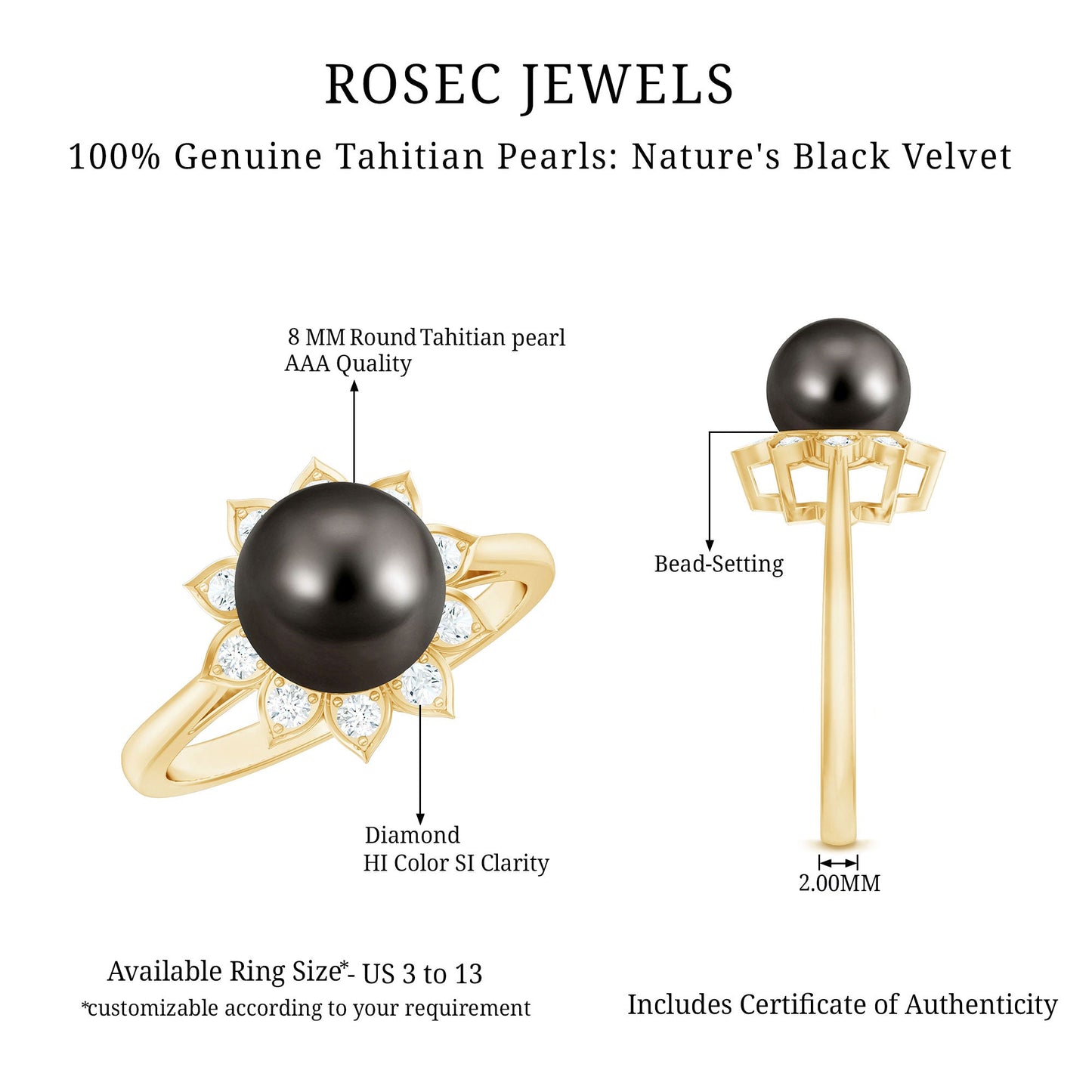 Tahitian Black Pearl Engagement Ring with Diamond Floral Halo