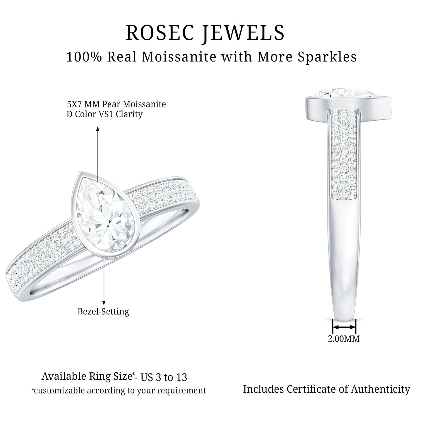 Pear Cut Moissanite Bezel Set Engagement Ring With Side Stones