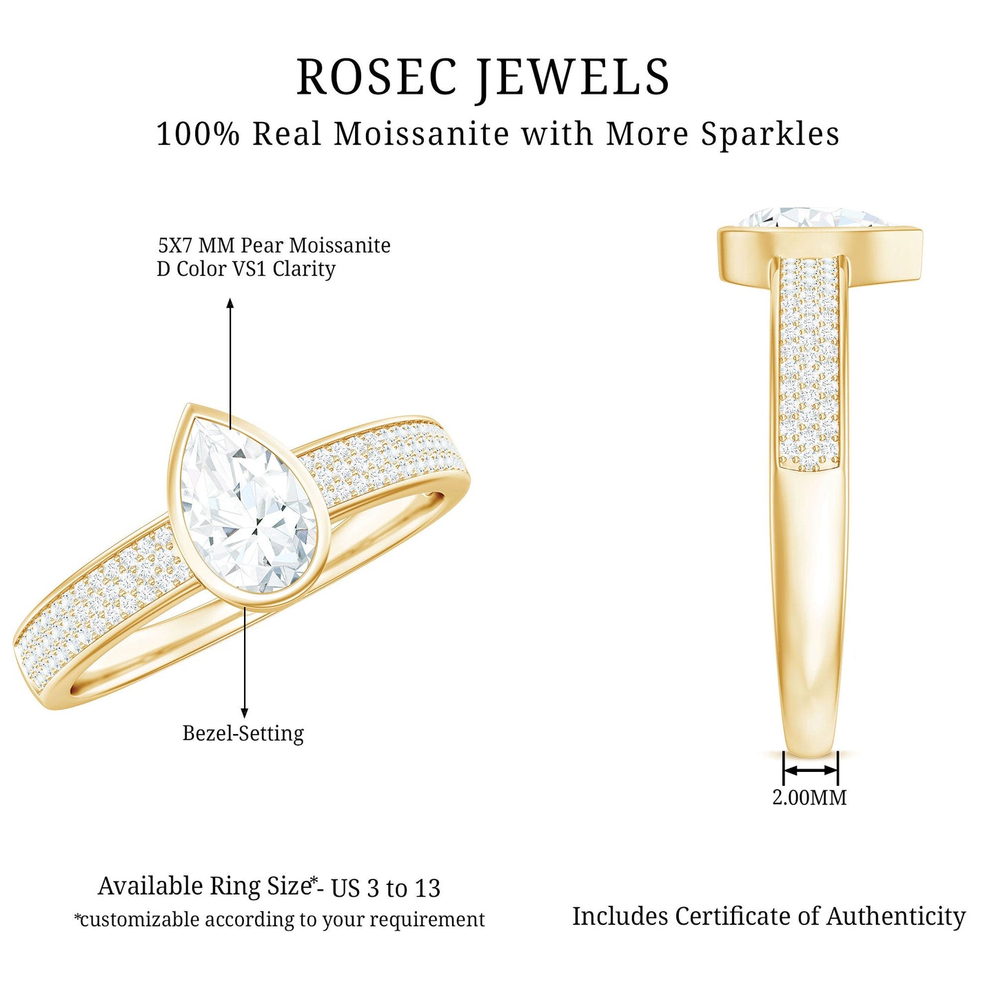 Pear Cut Moissanite Bezel Set Engagement Ring With Side Stones