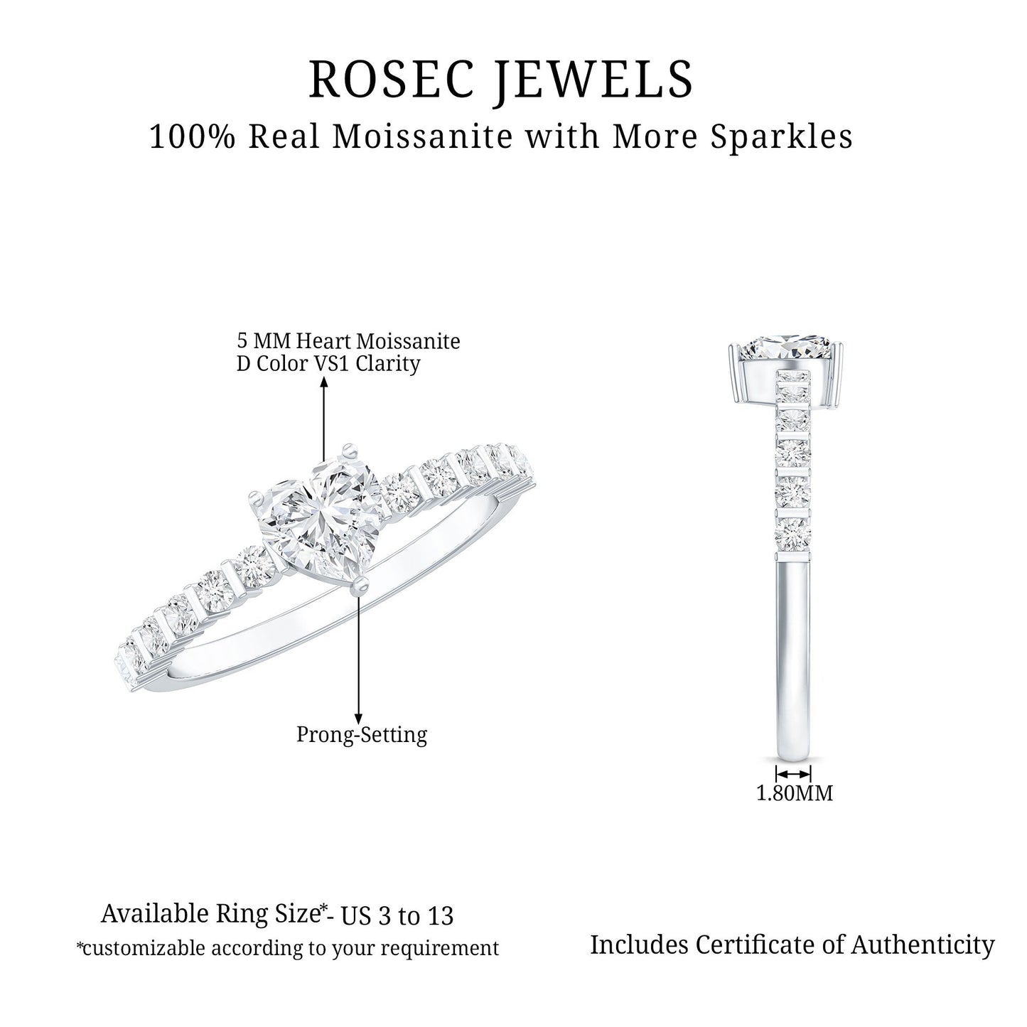 Certified 5 MM Moissanite Heart Engagement Ring with Side Stones