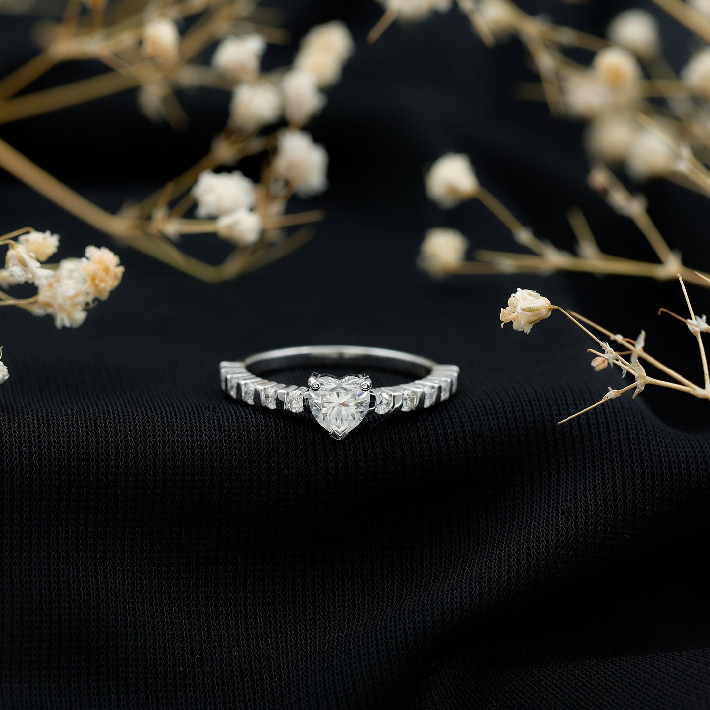 Certified 5 MM Moissanite Heart Engagement Ring with Side Stones